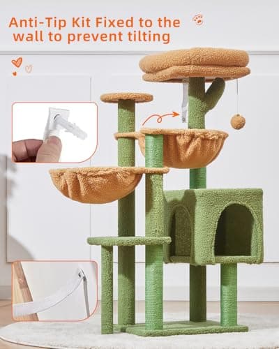 Taoqimiao Cat Tree, 39.4-Inch Cat Tower for Indoor Cats,Suitable for Kittens,Plush Cat Condo with 5 Scratching Posts, Plush Perch,2 Hammock,Pompoms, MS019T Cactus 8