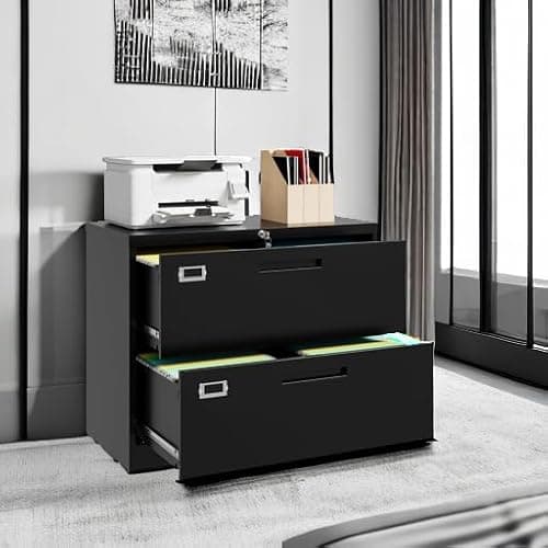 Lateral File Cabinet with Lock 2 Drawer Metal Filing Cabinet, Lateral Filing Cabinet with Lock for Home Office, Locking Metal Steel Wide File for Legal/Letter A4 Size Black 6