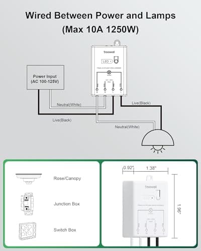 TREEWELL Wireless Light Switch and Receiver Kit, 200FT RF Range Remote Control Light Switch, No Rewiring, No Interference, Wireless Wall Switch for Ceiling Light, Fans, Lamps, Pre-Programmed 5