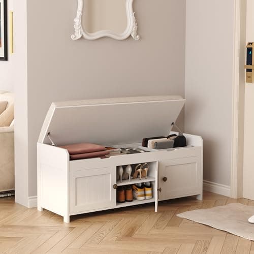 HOMEFORT 41.3" Shoe Bench with Lift Top Storage, Entryway Bench with Cushioned Seat, Wooden End of Bed Bench, Shoe Cabinet Bench with Hidden Storage Space, for Bedroom, Hallway,White 9