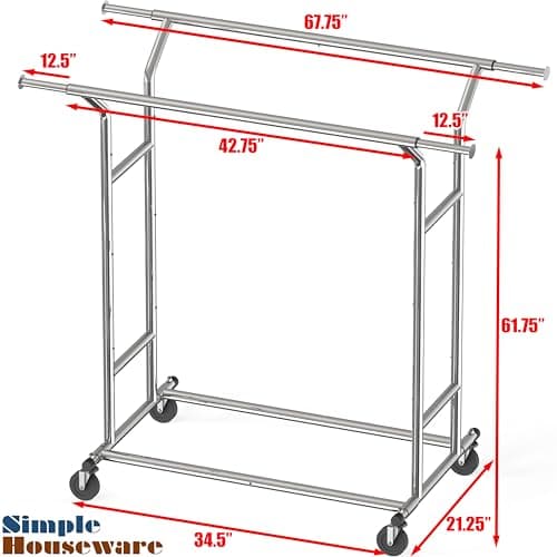 Simple Houseware Heavy Duty Double Rail Clothing Garment Rack, Holds Up to 200 lbs, 43 to 67 Inches Extendable Rod, Chrome 5