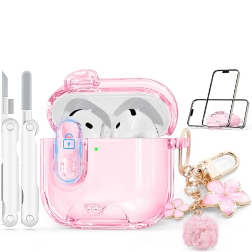 Clear Case for AirPods 4 Case Cover with Safety Lock,Soft TPU Cover with Phone Stand & Cleaning Kit,Cute Bling Keychain for Women Girls-Clear Pink