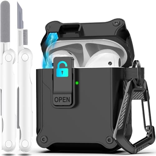 R-fun AirPods 2 Case 2019 with Lock & Cleaning Kit, Keychain, Magnetic Lid, Compatible with AirPods 2nd/ 1st Generation Protective Case, Support Wireless Charging, Black
