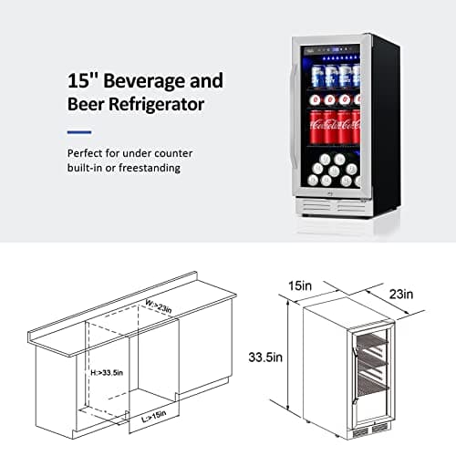 Velieta 15'' Beverage Refrigerator and Beer Fridge Under Counter Built-in or Freestanding,127 Cans Beverage Cooler with Glass Door and Lock for Bottles and Cans Beer/Soda/Water/Wine 7