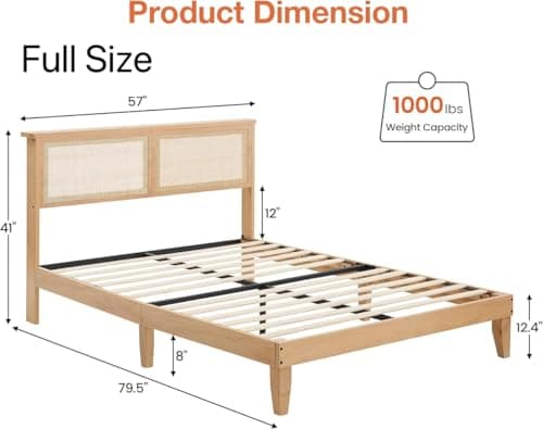 coucheta Rattan Bed Frame Full with Natural Rattan Headboard,Bohemian Rattan Bed Frame with LED Lights,Solid Wood Foundation with Silent Slats,No Box Spring Needed (Full) 9