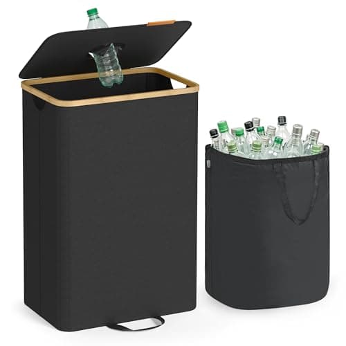 SONGMICS Recycling Bin for Kitchen 26.4 Gallon. Bottle Recycling Container, Collection Bin, for Metal, Plastic, Paper, Glass, Inner Bag with Handles, Kitchen, Ink Black and Natural Beige URRB509B01