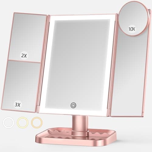 NIKKOMON Makeup Mirror with Lights, 3 Color Lighting, Lighted Makeup Mirror, 10x 3X 2X Magnification, Vanity Mirror with 72LEDs, Touch Control, Dual Power Supply, Female Gift(Rose Gold)