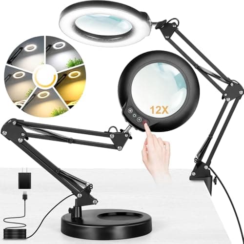 Real Glass 12X Magnifying Glass with Light and Stand (No Acrylic Lens), 2-in-1 Lighted Magnifier with Clamp, 5 Color Modes Dimmable LED Desk Lamp Hands Free for Painting Craft Sewing Hobby Close Work