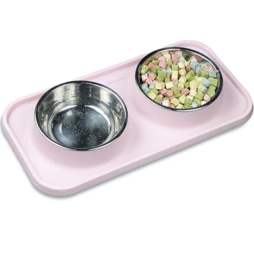 Gentledog Waterproof Cat Food Bowls, Removable Stainless Steel Pet Double Bowls Set, Non-Skid and Non-Spill Raised Edge, Food and Water Bowls for Cat and Puppy(Pink)