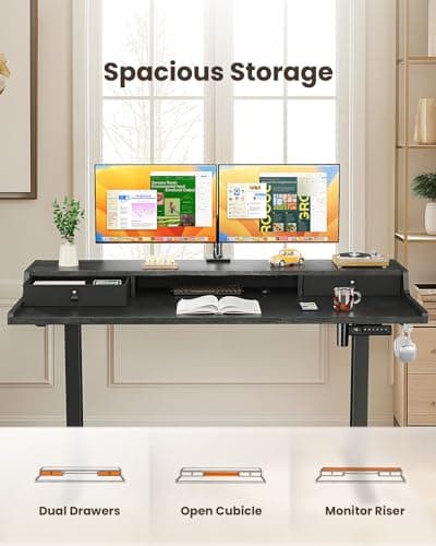 ErGear Electric Standing Desk with Drawers, 48″ x 24″ Gaming Table Compatible Monitor Stand, Stand up Desks, Home Office Height-Adjustable Desk with Storage Shelf, 4 Preset Heights, Black 5