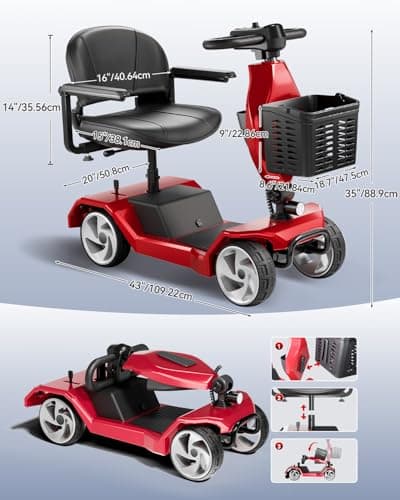 Serianie Foldable Mobility Scooters for Seniors, 4 Wheel Lightweight Mobility Scooters for Adults, Powered Electric Wheelchair, Mobility Scooter with Seat, Folding Travel Motorized Scooter - Red 9