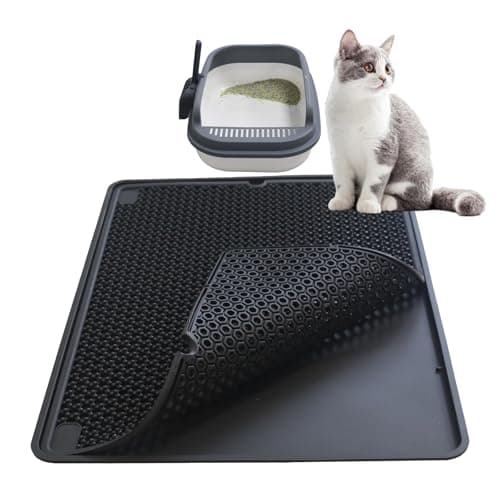 windhunt Cat Litter Mat Double Layer, Kitty Litter Box Mat Small Waterproof Urine Proof Trapping, Easy Clean, Silicone Cat Supplies & Accessories for Indoor Pets (Black, 19.68x14.96x0.39 in)