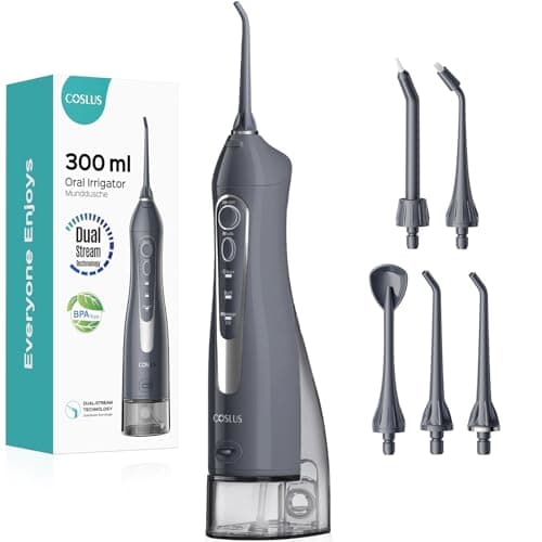 COSLUS Water Dental Flosser Teeth Pick C20(F5020E): Portable Cordless Oral Irrigator 300ML Rechargeable Travel Irrigation Cleaner IPX7 Waterproof Electric Flossing Machine for Teeth Cleaning, Grey