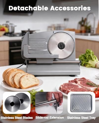 Pterying Meat Slicer Machine for Home - 200W Electric Food Slicer with 2 Removable 7.5" Stainless Steel Blades and Tray, Adjustable and Child Lock Protection, Slicer Machine for Meat Bread 6