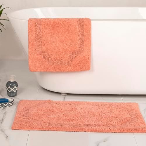 voyzz home Set of 2 Reversible Bath Rug 20x32 inch -17x24 inch | 100% Cotton Hand Tufted Soft & Absorbent Bath Mat|Washable Quick Dry Shaggy Shower Mat | Non-Slip Mordern Bathroom Decor | Peach…