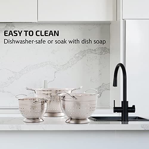 OVENTE Premium Stainless Steel Colander Set of 3 with Comfortable Large Handles, 1.5, 3, 5 Quarts Essential Kitchen Strainer for Draining Spaghetti Pasta, Rinsing Vegetables or Fruits, Silver C46263S 9