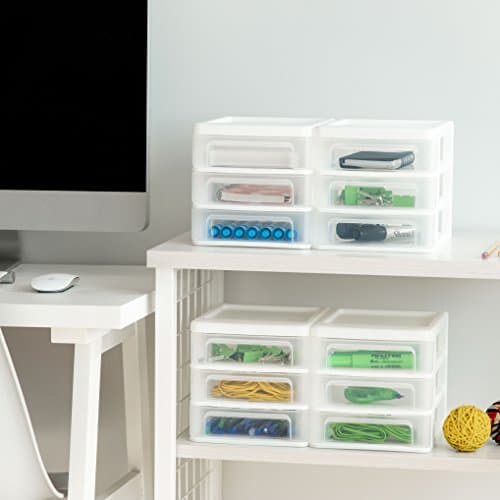 IRIS USA Plastic Stacking Desk Top 3-Drawer Storage Organizer, 4-Pack, for Makep Vanity Nail Polish Bathroom Stationery Art Craft Supplies Kitchen Office Garage and Small Organization, Small, White 6