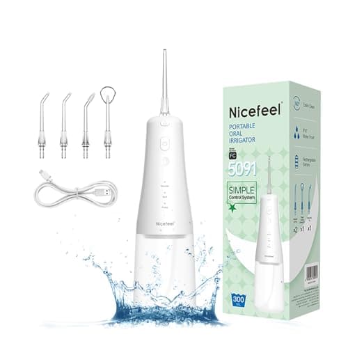 Nicefeel Water Dental Flosser Pick for Teeth 3 Modes Cordless Portable Water Teeth Cleaner Ipx7 Waterproof Oral Irrigator 300ml Tank Water Teeth Cleaner Rechargeable Flossing (White, 3 Modes)