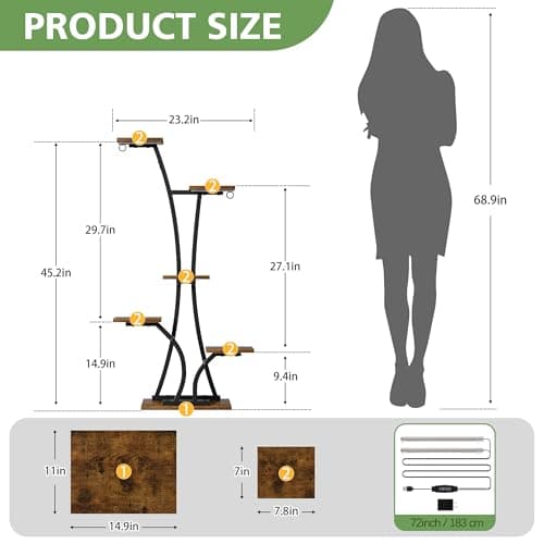 MOSTWOGO Plant Stand with Grow Light for Indoor Plants, 6 Tiered Metal Plant Shelf, 45" Indoor Plant Rack with 7 Shelves and 2 Hooks, Modern Corner Plant Holder for Living Room Balcony Bedroom, Black 5