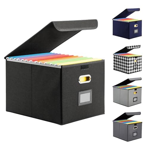 Hleelomi Collapsible File Box with Lid & Plastic Slide - Hanging Document Organizer for Office/Home, 14.96x12.6x10.83 Inch,Decorative Home File Bin,Black, 1 Pack (No Folders Included)
