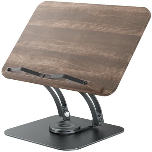 Tounee Book Stand for Reading, Adjustable Book Holder with 360° Swivel Base, Foldable Cookbook Stand Recipe Book Holder with Elastic Page Clips for Music Scores, Recipe, Tablet, Laptop-Gray