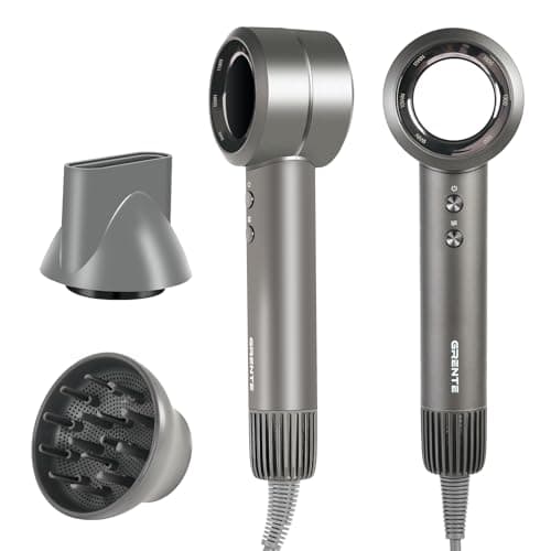 Grente High Speed Hair Dryer - 110,000 RPM Brushless Motor 1500W, 3 Speeds & 4 Heat Settings with Concentrator Nozzle, Thermostatic Hair Protection, Lightweight Quiet, Unisex Grey