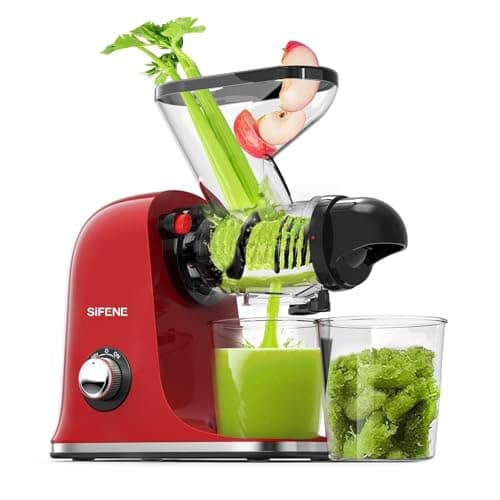 SIFENE Cold Press Juicer Machine, Mini Slow Masticating Juicer with Dual Feed Chute, Compact Electric Juice Extractor for Celery Ginger & Fruit, Easy Clean, Red
