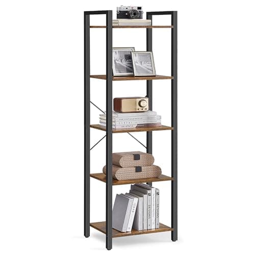 VASAGLE 5-Tier Bookshelf, Bookcase with Steel Frame, Book Shelf for Living Room, Home Office, Study, 11.8 x 15.7 x 60.2 Inches, Industrial Style, Rustic Brown and Ink Black ULLS100B01