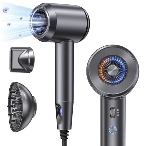 Llano Diffuser Hair Dryer for Curly Hair with 1500W Motor & 10,5000 RPM & 19m/s, Travel Small Size Compact Fast Drying Ionic Blow Dryer, 100times/s Smart Heat Sensor, Low Noise/Lightweight/Mini(Gray)