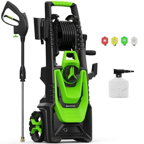BAYOTAK Electric Pressure Washer, 5200 PSI 3.4 GPM Power Washer with Foam Cannon, High Pressure Cleaning Machine with 35 FT Power Cord and 20 FT Hose, Hose Reel, 4 Connect Nozzles for Car/Patio/Fence