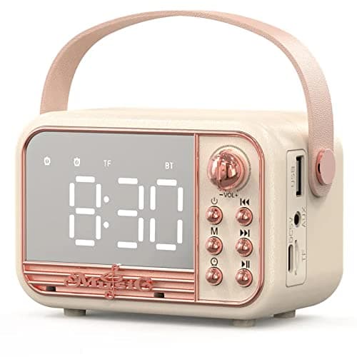 Anliato Retro Bluetooth Speaker, Vintage Portable Wireless Bluetooth Speakers with Alarm Clock Loud Volume Support TF Card U Disk AUX Old Style for Kitchen Bedroom Home Outdoor (Beige White)