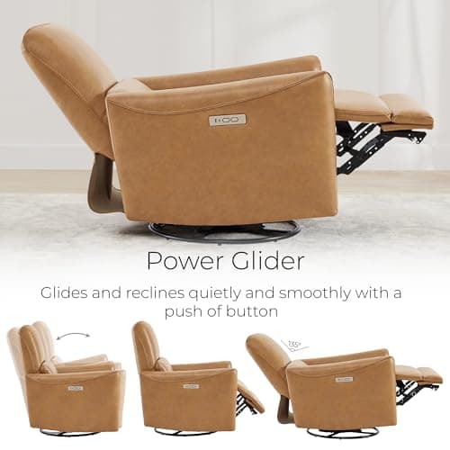 CHITA Power Recliner Chair Swivel Glider, FSC Certified Upholstered Faux Leather Living Room Nursery Reclining Sofa Chair with Lumbar Support, Cognac Brown 5