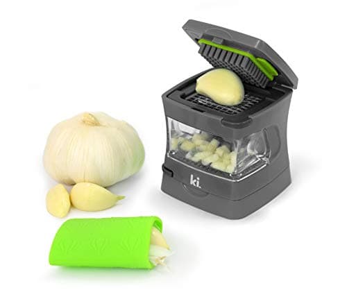 Kitchen Innovations Garlic-A-Peel Garlic Press, Crusher, Cutter, Mincer, and Storage Container - Includes Silicone Garlic Peeler - Easy to Clean - Stainless Steel Blades – (Grey), standard