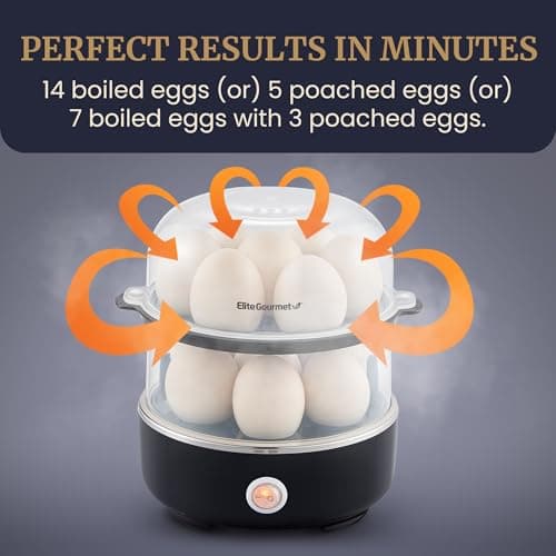 Elite Gourmet EGC1215B Easy Egg Cooker, Stainless-steel Heating Plate, Two-Tiered, 14-Egg Capacity, Soft, Medium, Hard-Boiled, Auto Shut-Off, Omelets, Poached Eggs, Measuring Cup, Piercing Pin, Black 5