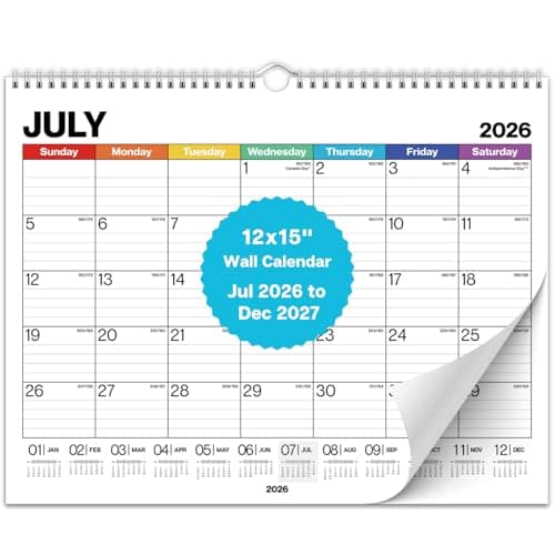 Dunwell 12x15 Wall Academic Calendar 2026-2027 (Colorful), Use July 2026 to December 2027, Large Lined 12 x 15 Monthly Hanging Calendar, Professional Styling for Home Office or School, Premium Paper