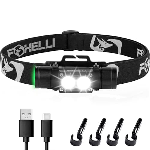 Foxelli Ultra Bright Rechargeable Headlamp – 18650 Battery, IPX7 Waterproof, 1200 Lumen LED Light for Work & Outdoors, with Battery & Hooks - Perfect for Hard Hat or Helmet