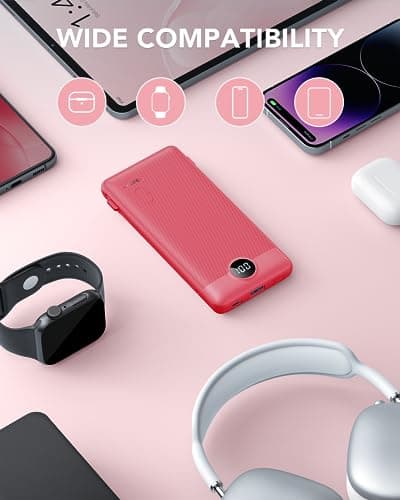 Portable Charger Built-in Cables and AC Wall Plug, VRURC USB C Power Bank 10000mAh, Travel Battery Portable Phone Charger Compact Lightweight External Battery Pack for SmartPhones,Tablets-Viva Magenta 7