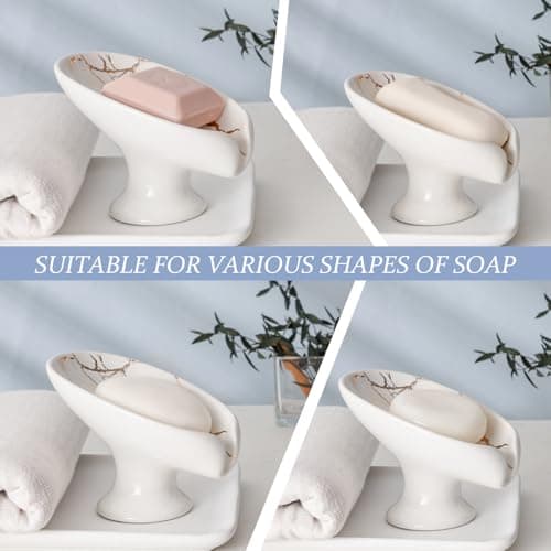 Soap Dish, Soap Holder Self Draining Leaf Shape Soap Dishes, Ceramic Drain Soap Dish for Sink Bathroom Shower Kitchen, Easy to Clean Keeps Soap Dry, Cream White & Gold Marble Pattern, ANTIS'S HOME 7