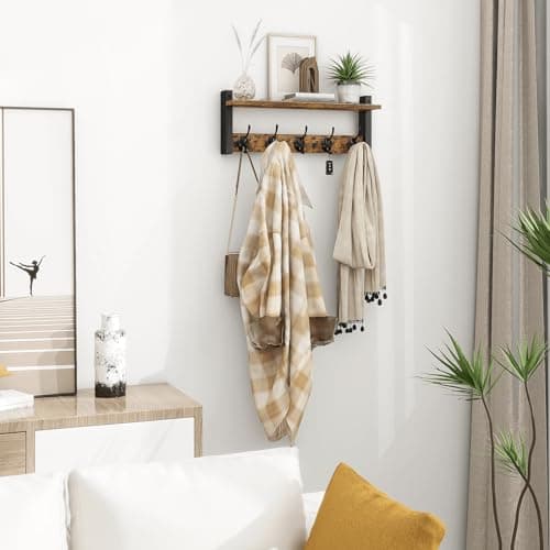 Homode Wall Hooks with Shelf, Wood Coat Rack with Shelf Wall-Mounted, Entryway Hanging Shelves with 5 Metal Hooks for Clothes Hats Towel Purse Robes, Bathroom Mudroom Bedroom, Rustic Brown Black 7