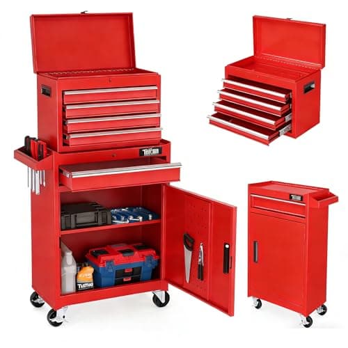 TUFFIOM 5-Drawer Rolling Tool Chest, Tool Storage Cabinet w/Drawers, Lockable Wheels, Detachable Top & Adjustable Shelf, Mechanic Tool Organizer Box for Garage, Workshop, Warehouse & Repair Shop