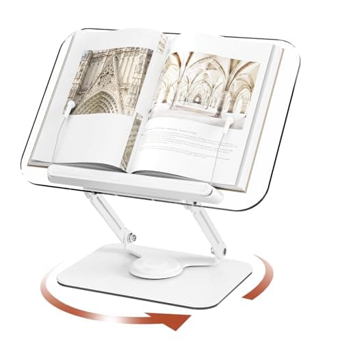 BYMECOST Acrylic Book Stand for Reading, Adjustable Book Holder with 360° Rotating Base & Elastic Page Clips, Foldable Desktop Riser Stand for Cookbook,Laptop,Tablet,Music Scores,Recipe,Textbook