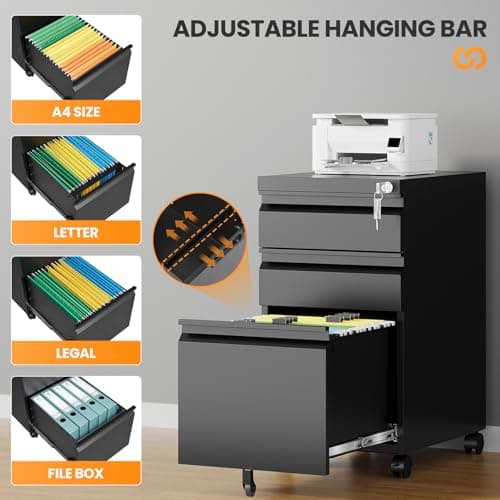 AFAIF 3 Drawer Mobile File Cabinet with Lock, Rolling Filing Cabinets for Home Office, Under Desk Small File Cabinet Three Drawers for Legal/Letter/A4 File, Black - Assembly Required 6