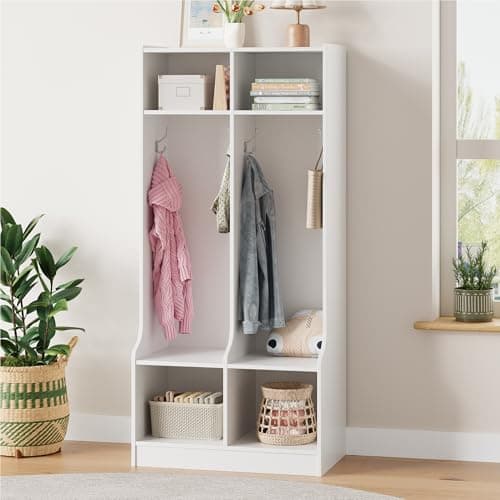 IDEALHOUSE 2-Section Classroom Coat Locker with 4 Cubbies, Daycare Cubby Storage Organizer with 4 Hooks for Home, School, Nursery, Kindergarten, White 6