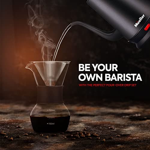 Mueller Electric Gooseneck Kettle with Pour Over Drip Coffee Maker Coffee Serving Set, Stainless Steel, Tea Kettle, Matte 7