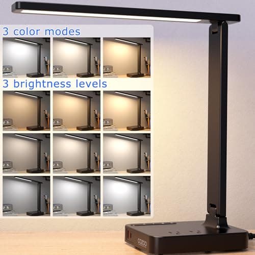 cozoo Desk Lamps for Home Office,Modern LED Desk Lamp for Dorm with 2 USB Charging Ports/Type C Port,2 AC Outlets,3 Lighting Mode,3 Level Brightness,Touch Control/Timer/Eye-Caring Foldable Table Lamp 5