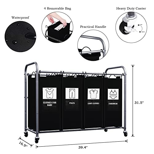 C&AHOME 4-Bag Laundry Sorter Cart, Rolling Laundry Hamper Organizer, Laundry Basket Sorter, Removable Bags with 6 Sorting Card and Heavy Duty Rolling Lockable Wheel for Clothes Storage, Black ULSCM04B 5