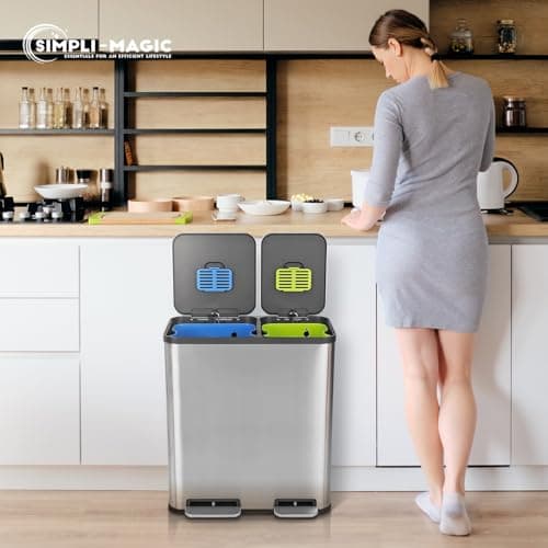 Simpli-Magic 18.5 Gallon (40L x 30L) Dual Compartment Step Trash Can – Kitchen Garbage Can with Waste & Recycling Bins – Slow-Close Lid, Odor Control, Hands-Free, Stainless Steel 9
