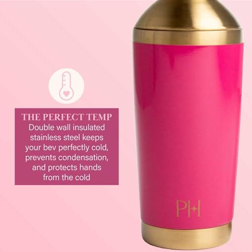 Paris Hilton 2-Piece Cocktail Shaker Set, Double Wall Insulated Stainless Steel Mixer with Built-In Strainer and Double-Sided Jigger, 20-Ounce, Gold and Hot Pink 5