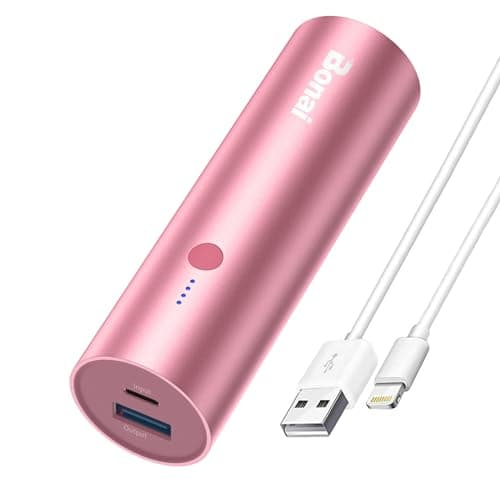BONAI Portable Charge Power Bank 5000mAh Cylindrical Ultra-Compact External Backup Battery Compatible with iPhone 14 13 12 11 Android Phone and More - Rose Gold (with an 8-pin Charging Cable)