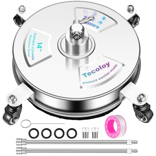 Tecoloy 14" Pressure Washer Surface Cleaner with 4 Wheels-Stainless Steel Power Washer Accessories for Concrete Driveways Sidewalks Patios Cleaning (14 INCH Silver)